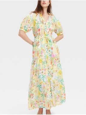 New Roller Rabbit Vacation Short Sleeve Maxi Dress Yellow Green Size XS Xsmall